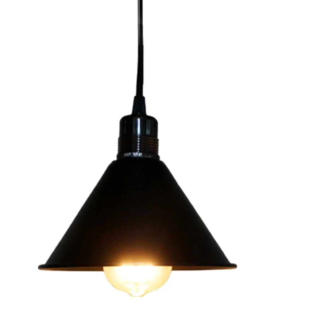 Black vintage round pendant lamp with fabric cable, 180 mm shade, 10 cm height, E27 socket, 100 cm wire, fitting an industrial style ceiling light.
