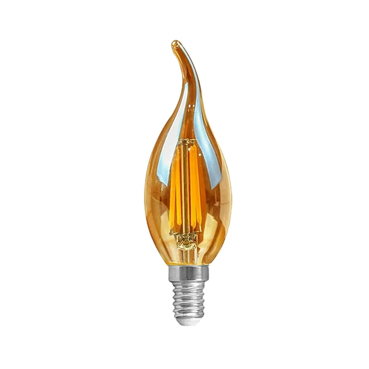 dimmable E14 LED candle bulb in amber glass with vintage filament design, screw cap visible.