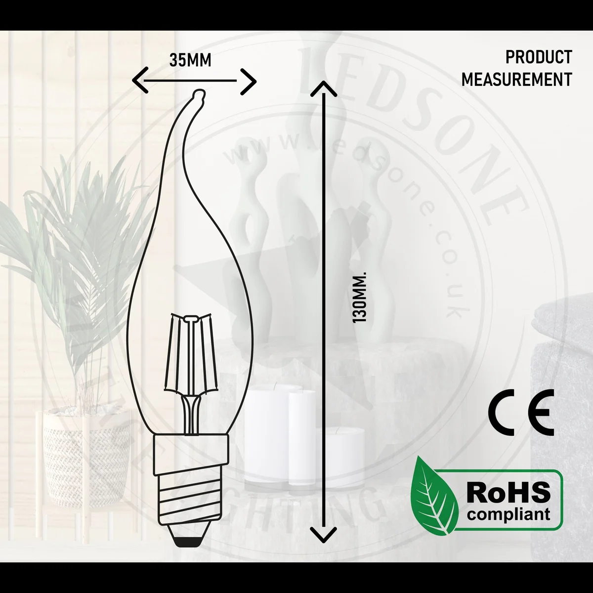 Amber glass vintage LED candle bulb with Edison-style filament, 4W E14 screw cap, warm white light, 220 lumens.