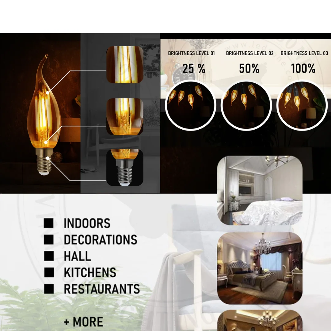Amber-coated, candle‑shaped E14 filament LED bulb with glass and metal casing, vintage design
