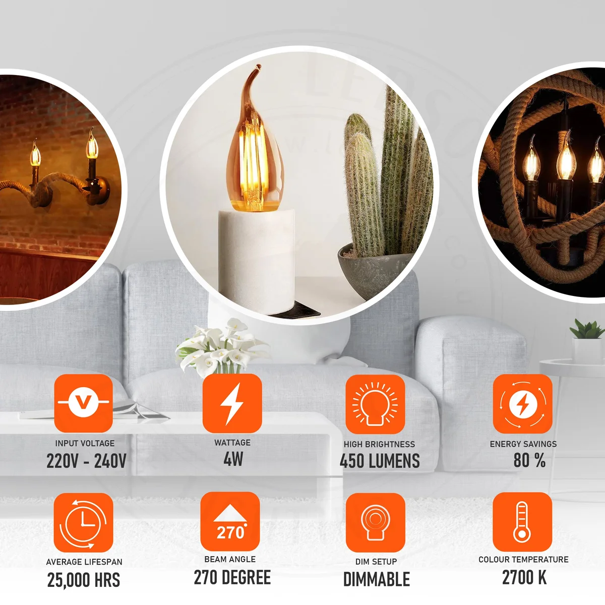 Small screw‑shaped amber glass LED candle bulb, warm white LED bulb, 4W, 2700K.
