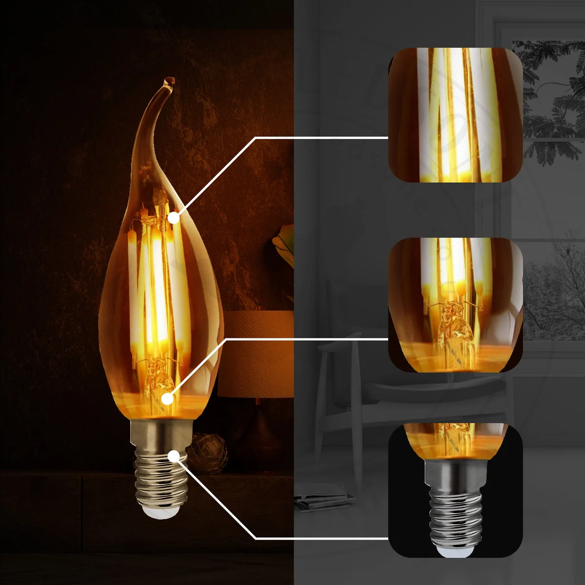 Amber glass LED bulb with Edison filament design, small E14 screw, warm white glow, 4W, dimmable and vintage style.