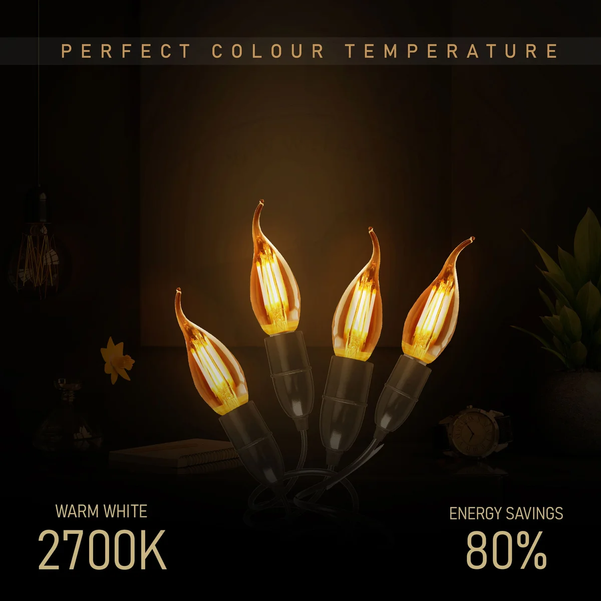 Dimmable E14 LED candle bulb with amber glass, Edison‑style design, 4W, warm white light.