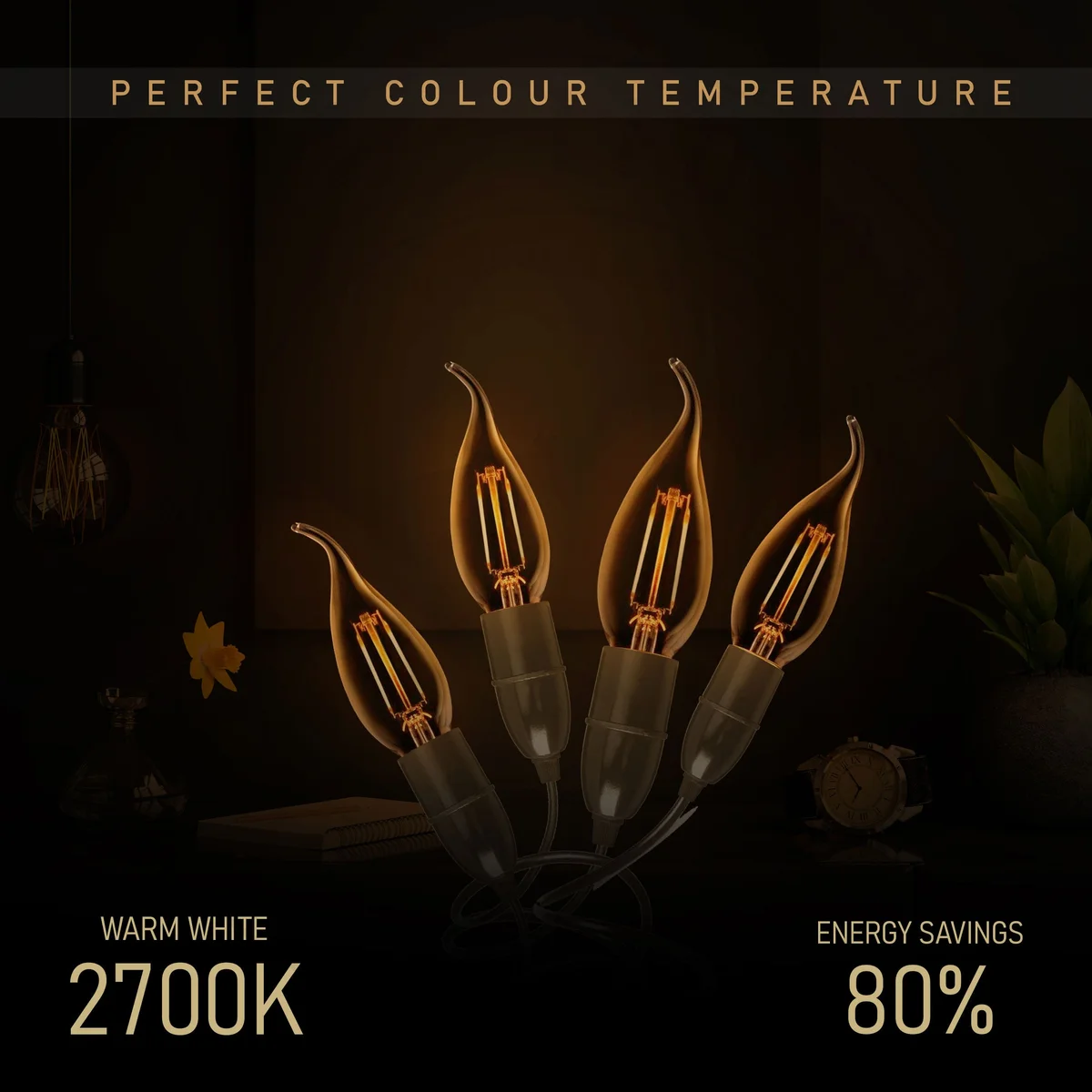 2W dimmable LED bulb in amber glass, small Edison screw candle shape, LED visible through glass