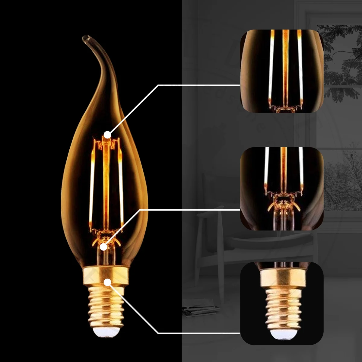 Small Edison screw LED candle bulb in amber glass, dimmable, warm white LED bulb.