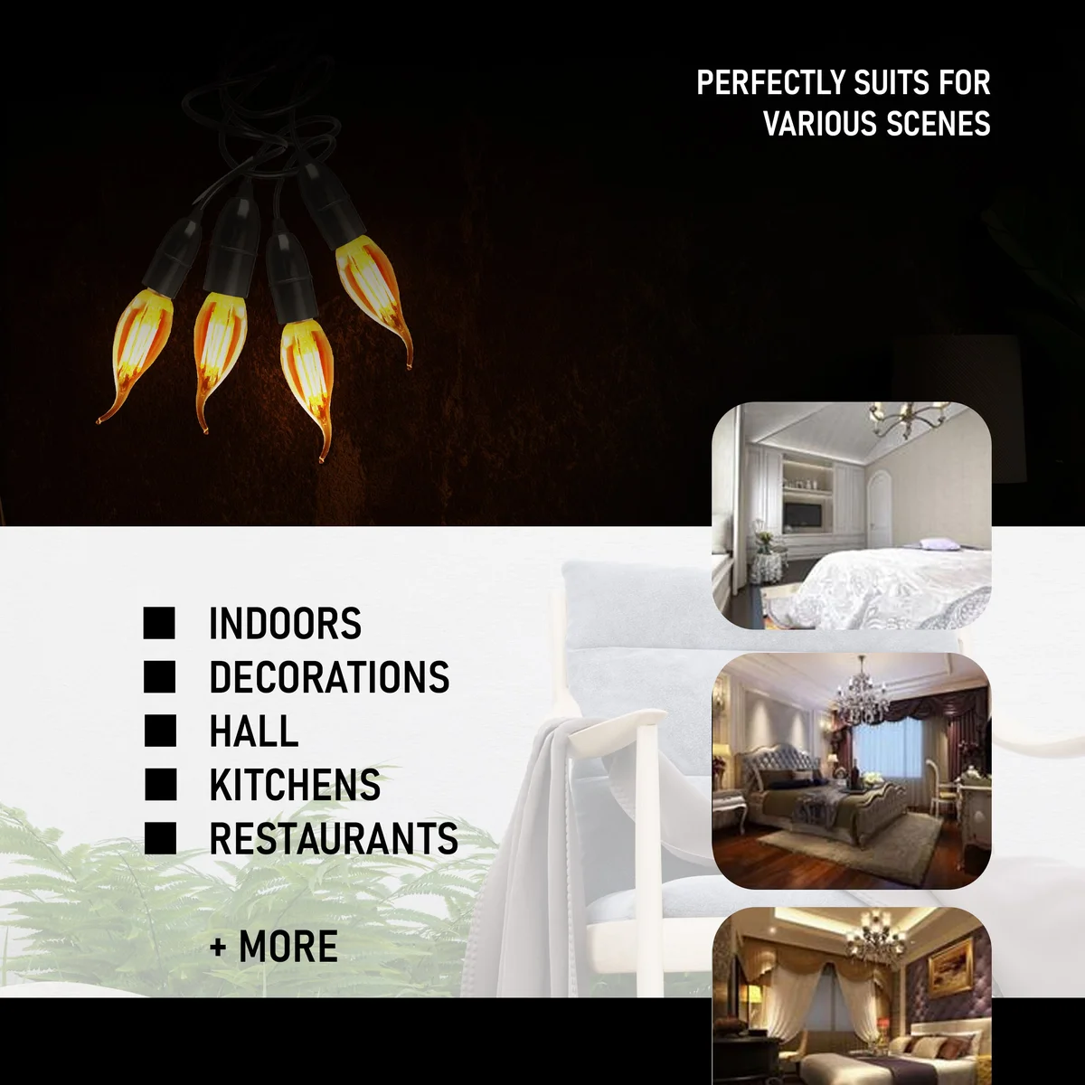 Amber glass bulb with LED inside, shaped like classic candle, 2W E14 screw lamp.