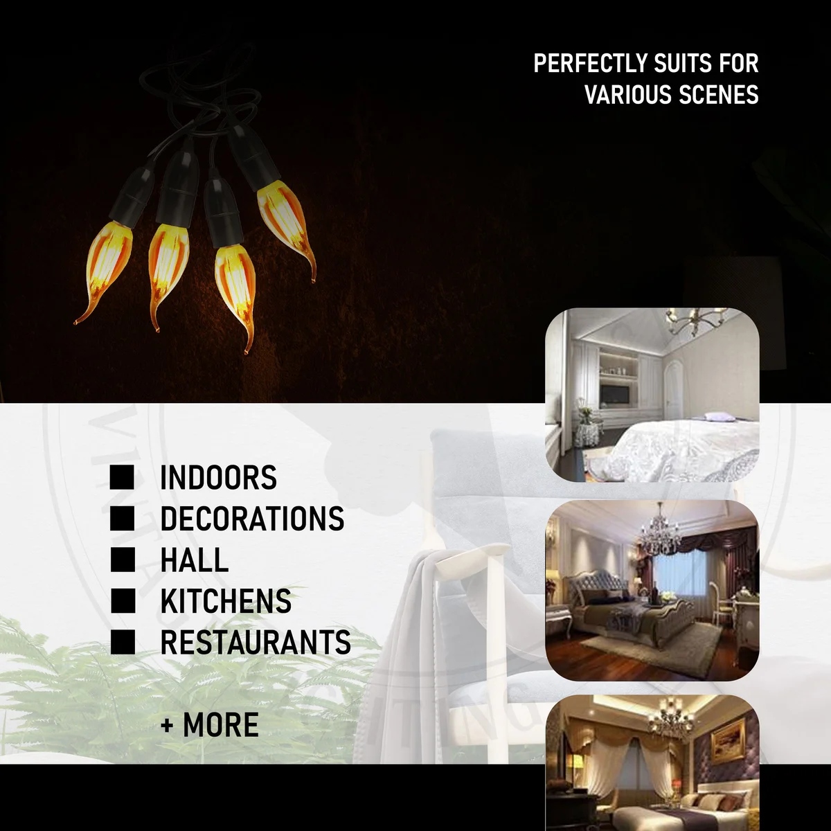 2w LED candle bulb in amber glass with E14 screw, showing vintage candle shape and dimmable LED light.