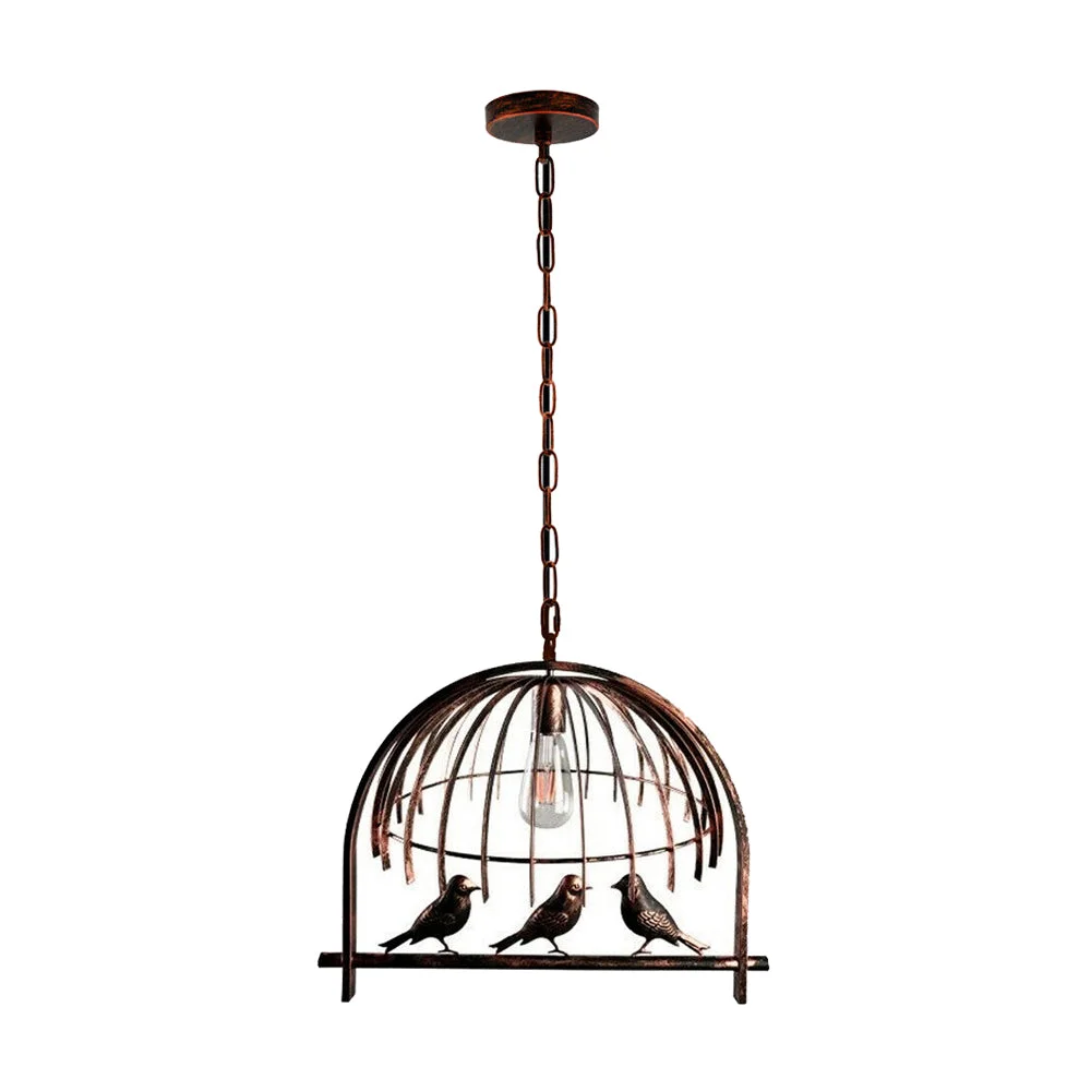Rustic copper wire industrial pendant light with round black fabric shade, 49 cm diameter, 40 cm height.