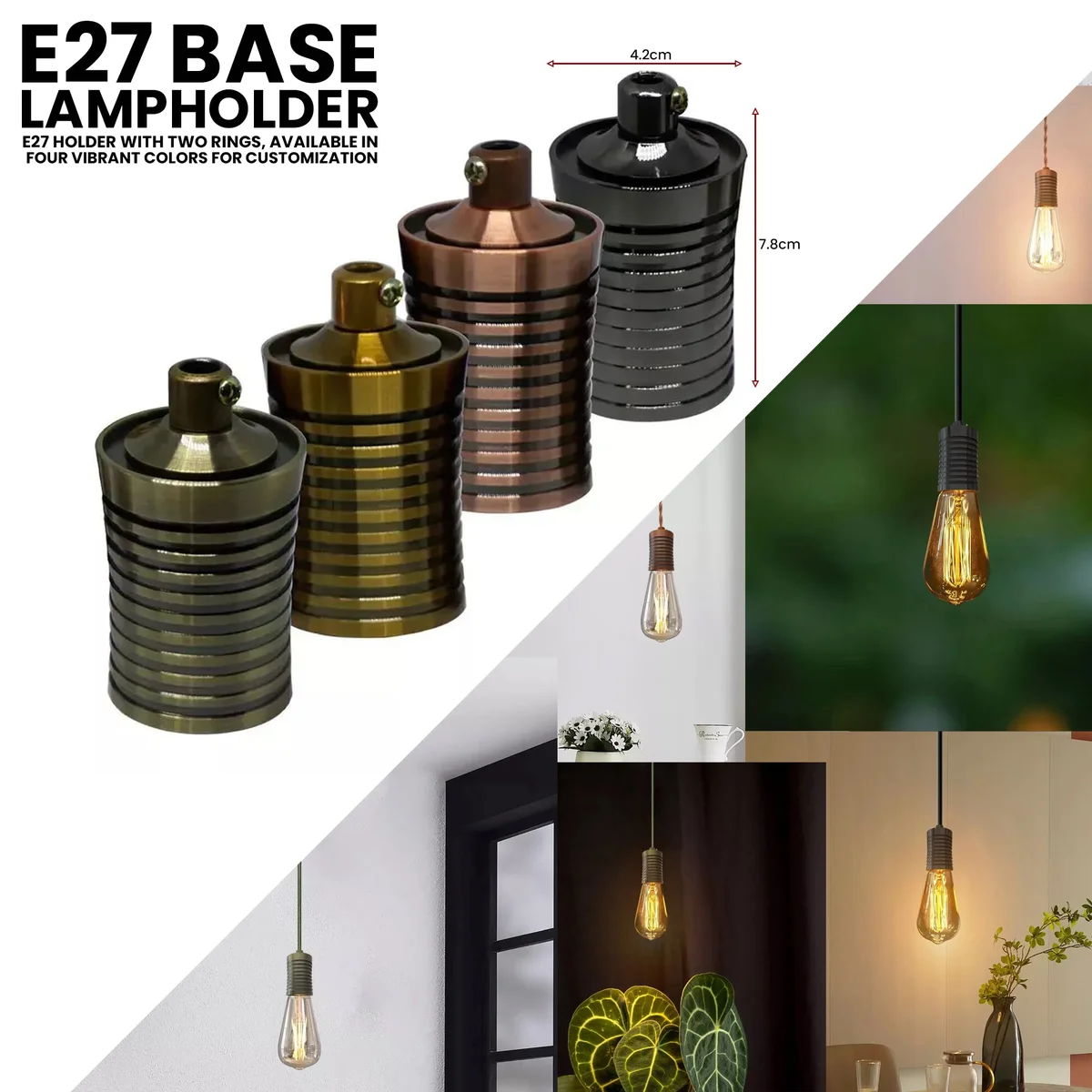 Durable metal E27 ceiling lamp holder with mounting plate, suitable for vintage exposed bulbs, compatible with LED & CFL.