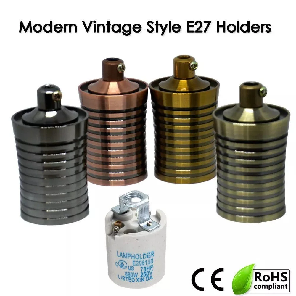 Metal E27 ceiling lamp holder with sturdy mounting plate, vintage style, ready for LED or CFL bulbs in indoor fixtures.