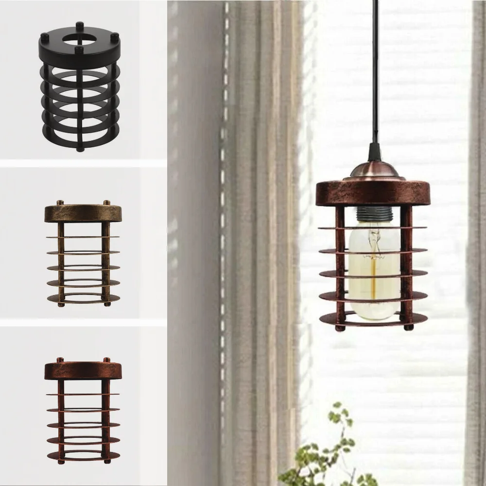 Industrial pendant lampshade with metal wireframe cylinder cage, clip‑on mount, black or brushed copper finish, E27 compatible