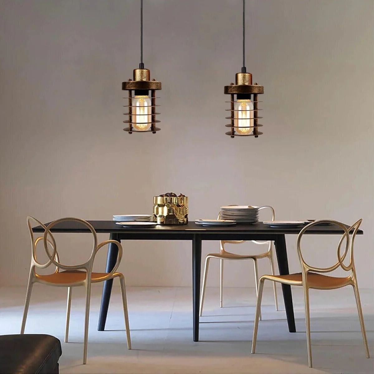 Industrial pendant lampshade with metal cage cylinder design, black or brushed copper finish, wall‑mounted clip‑on.