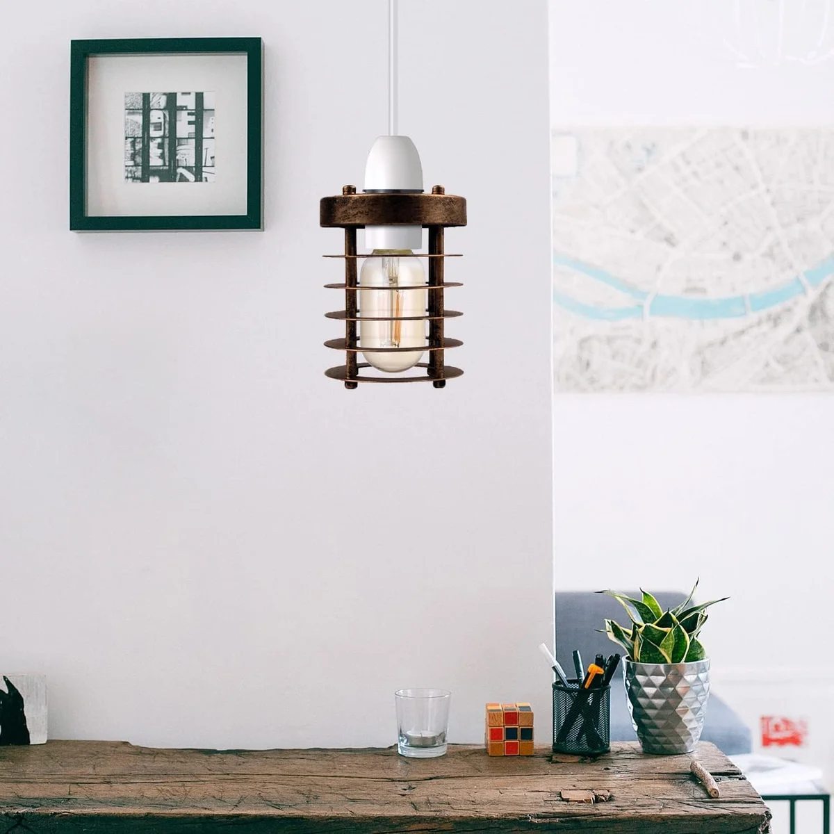 Industrial pendant lampshade with black metal cage cylinder shade, clip‑on mount, ready for E27 bulb.