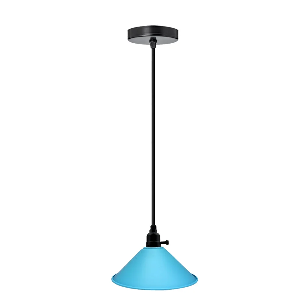 Blue pendant ceiling light with round blue fabric shade hanging from black fabric‑covered wire, 21 cm diameter, 100 cm cord.