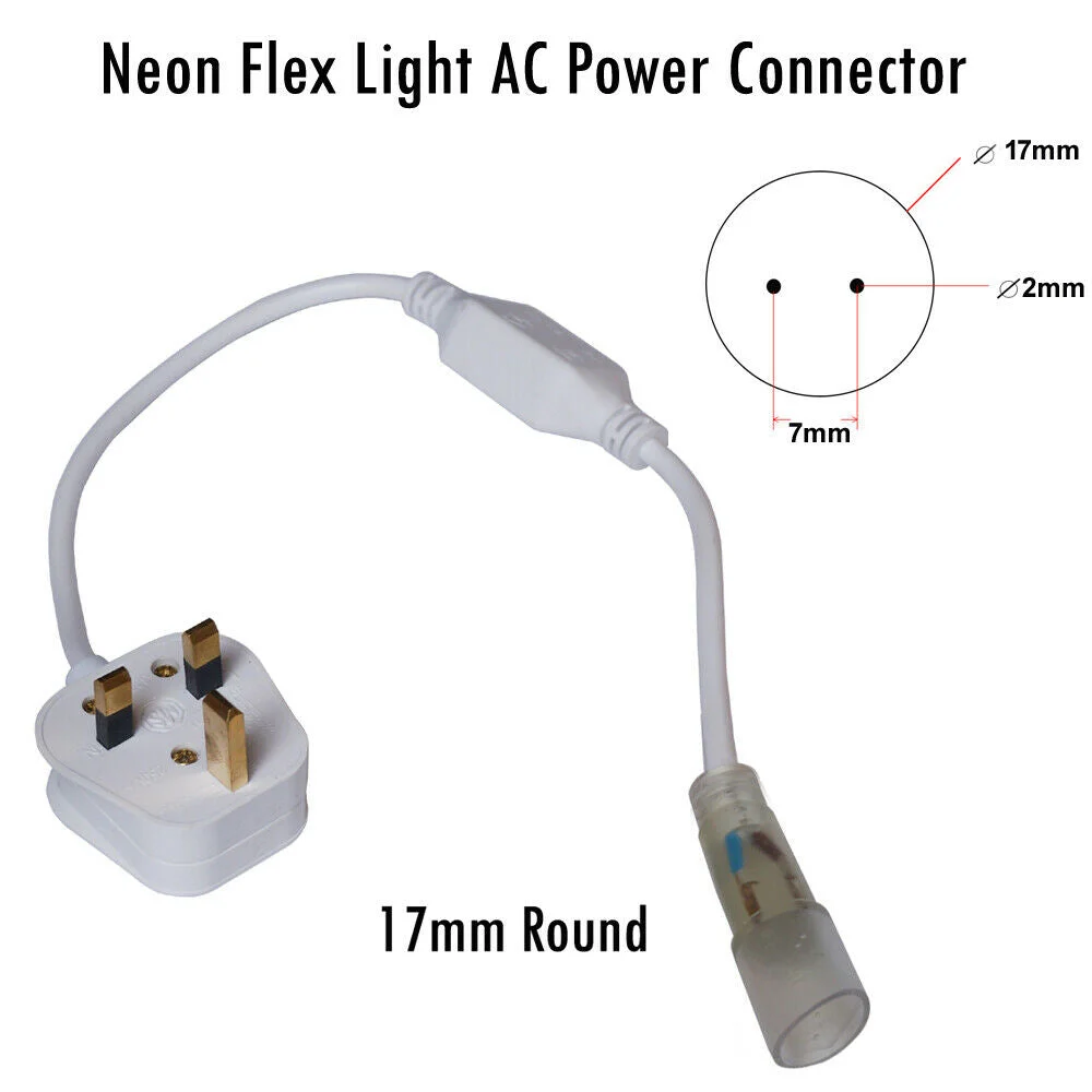 17mm AC power connector on a monochrome neon LED cable with PVC splice showing the rectifier cable ready to connect to mains.