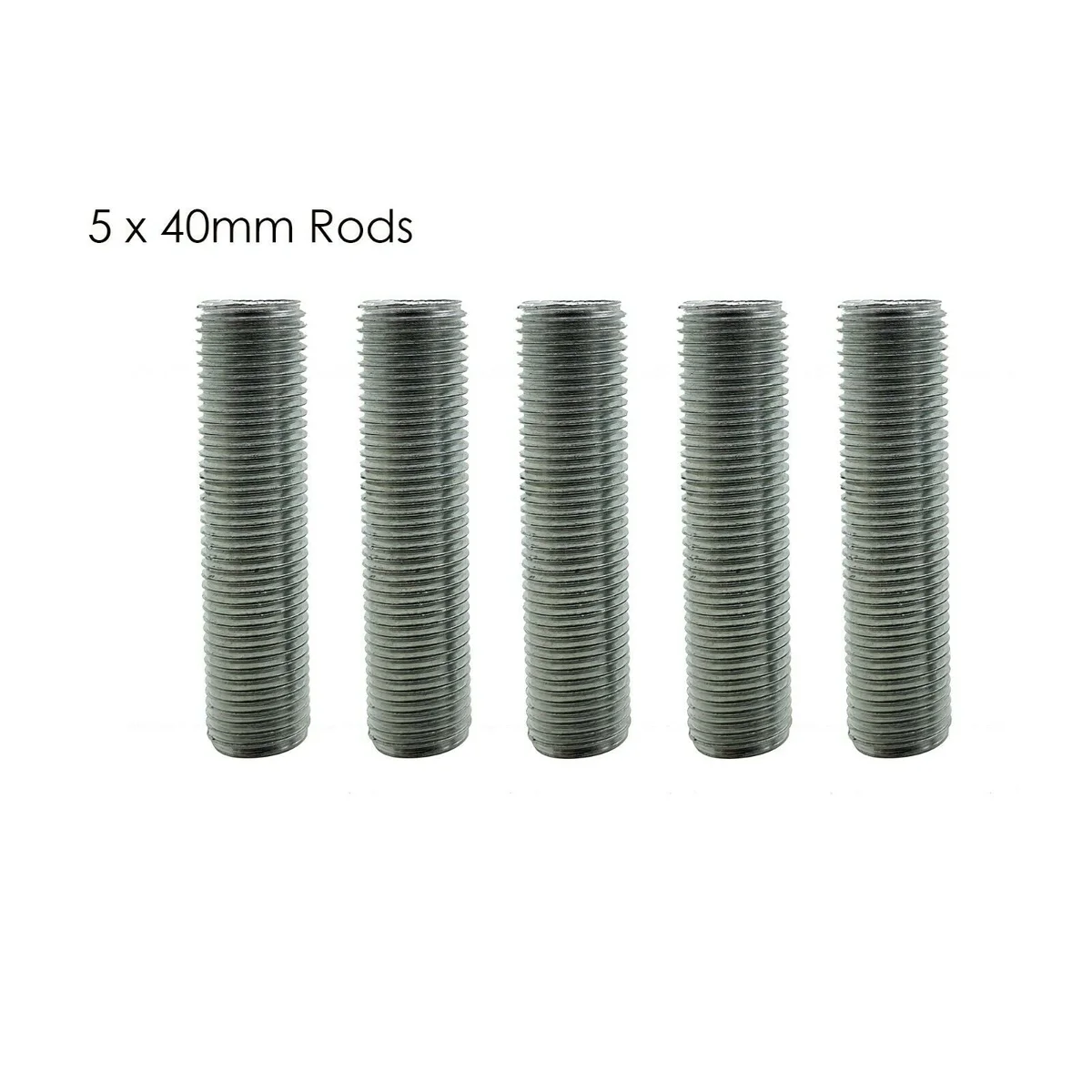 Five silver M10 threaded lamp nipple repair rods, each 40mm long with 1mm fine pitch for lamp sockets.