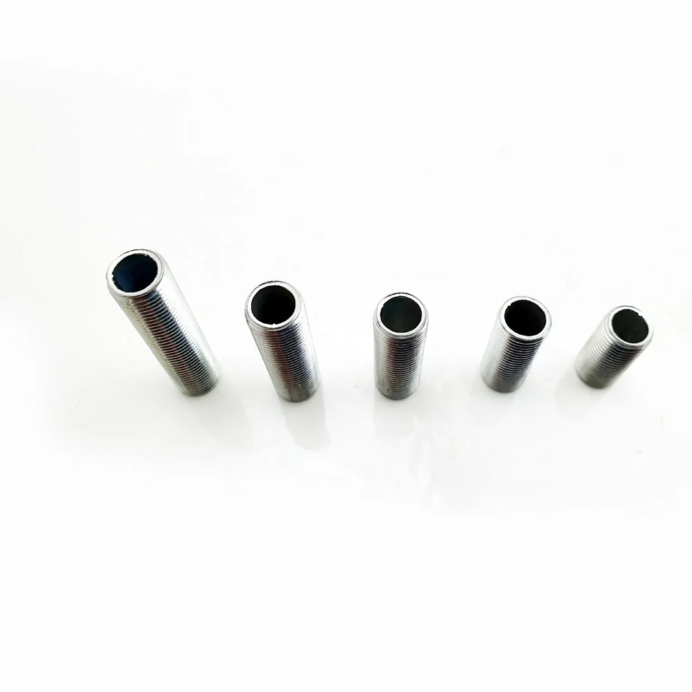Five silver threaded pipe nipples, 40mm long M10 all‑thread rods for lamp repairs.