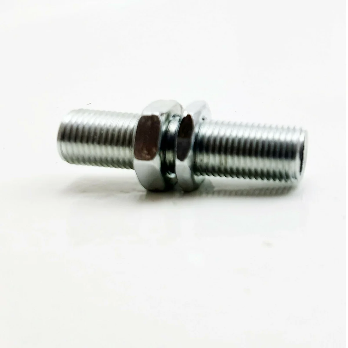 Five silver M10 threaded lamp fitting rods, 40mm long, hollow for cable thread – suitable for chandeliers and light repairs.