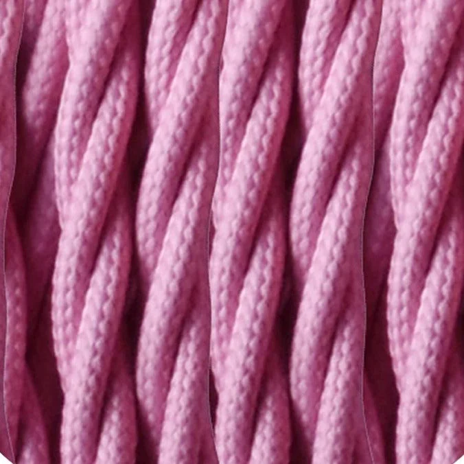 Baby‑pink vintage fabric electrical cable, 3‑core twisted coil with braided fabric and PVC insulation, pattern.
