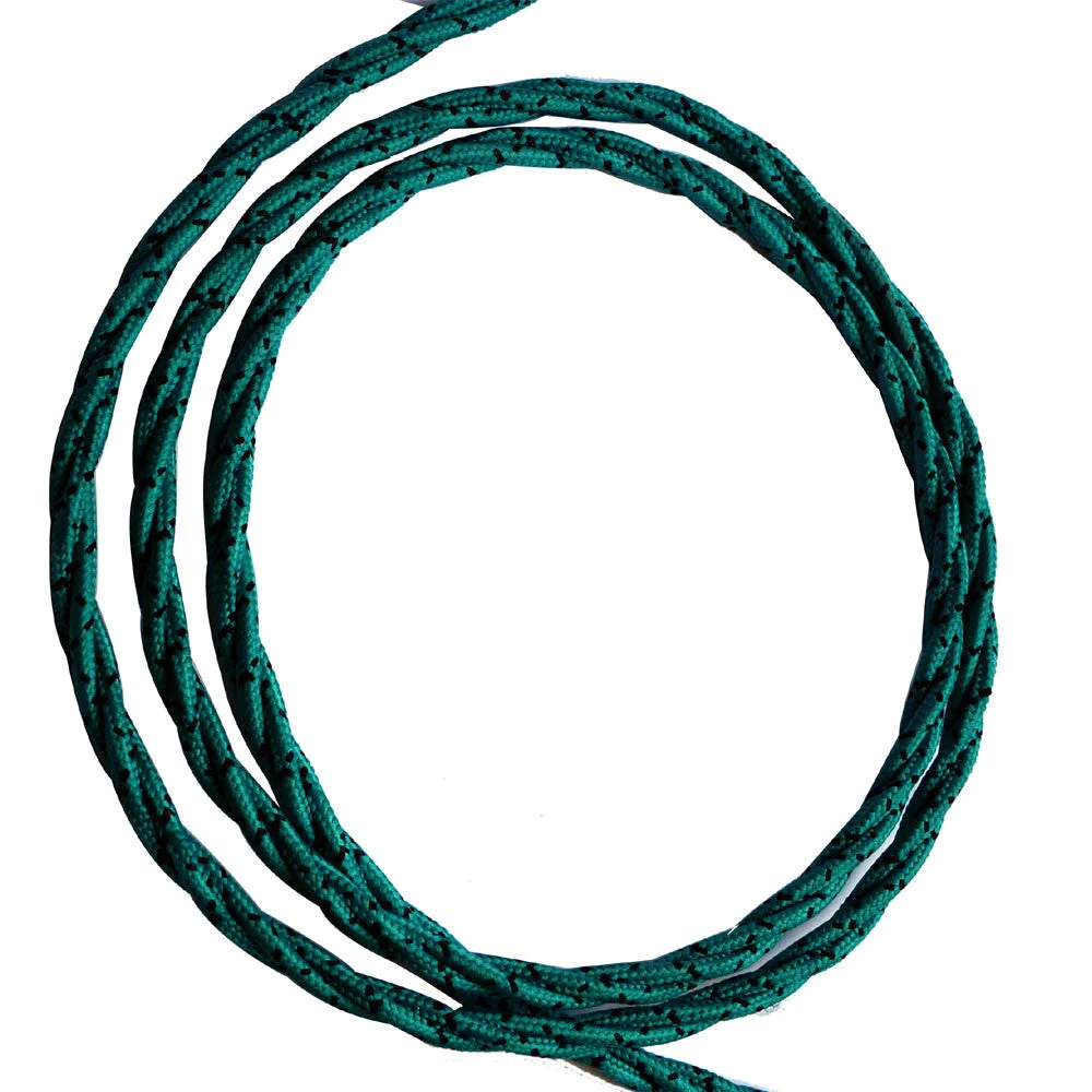 Vintage teal blue twisted braided fabric cable, 3‑core PVC insulated.