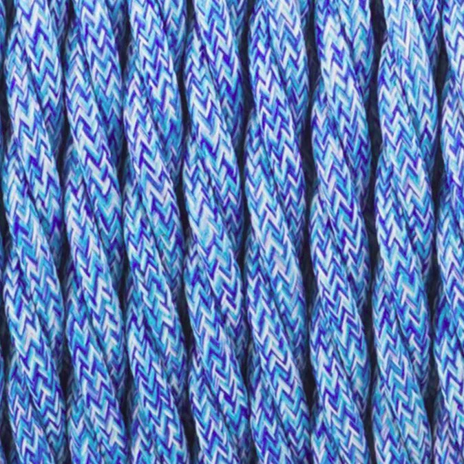 Blue 3 core vintage fabric cable with braided cover, 0.75mm core size, shown coiled for lamp rewiring.