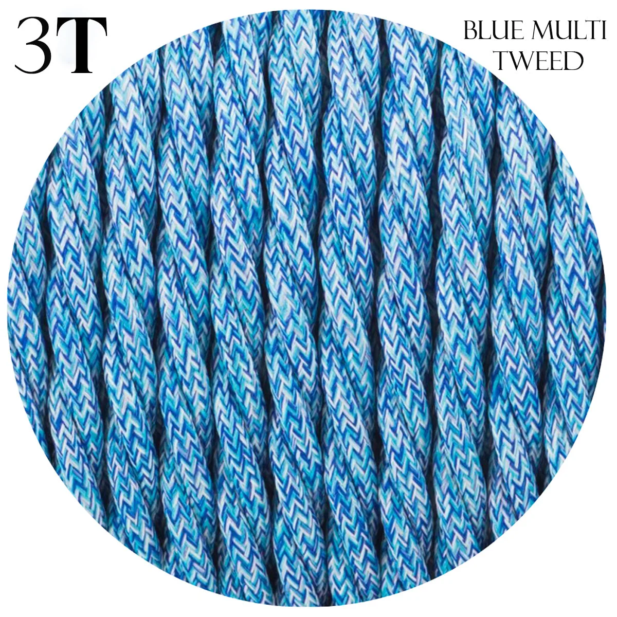 Blue twisted 3‑core antique style lamp cable wrapped in fabric, showing braided wire