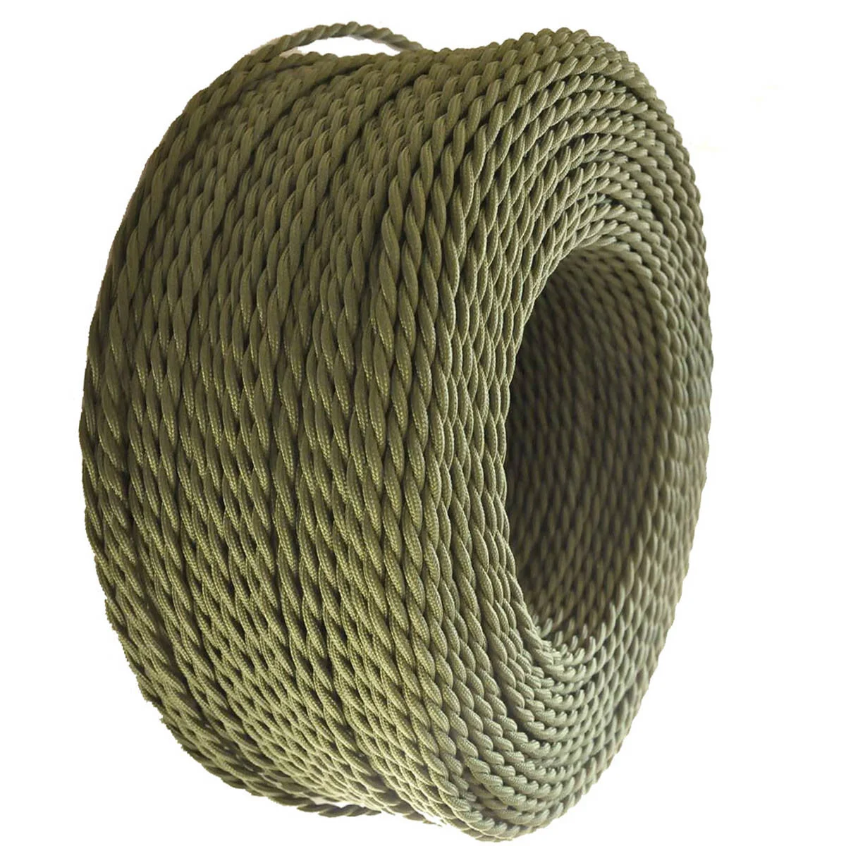 Army green braided fabric lighting cable, 3‑core twisted, 0.75mm², 6mm outer diameter, flexible and CE‑rated.