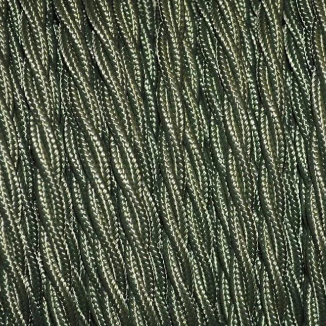 3 core twisted cable army green braided fabric, showing three copper cores inside, 0.75mm², 6mm outer diameter.