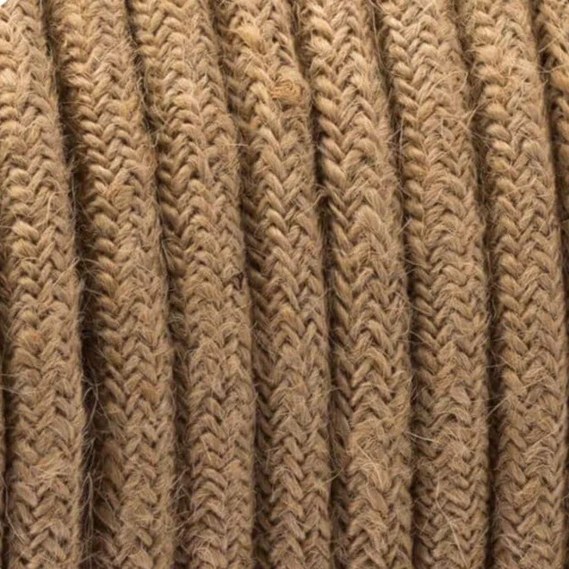 Hemp fabric lighting cable, flexible 3‑core cable with braided hemp covering, white PVC jacket, coil of wire.