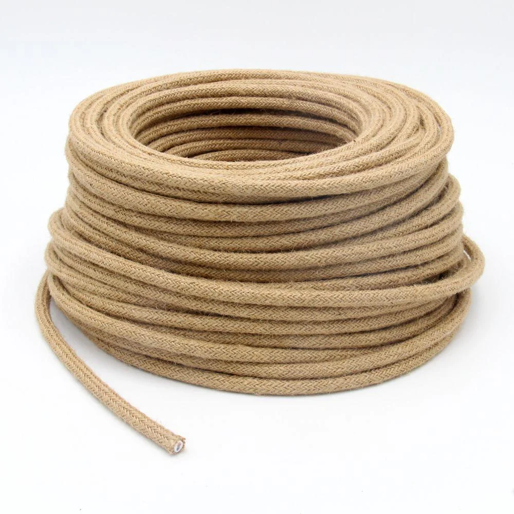 3-core round hemp fabric cable with braided fabric covering, 7mm diameter, copper conductors inside