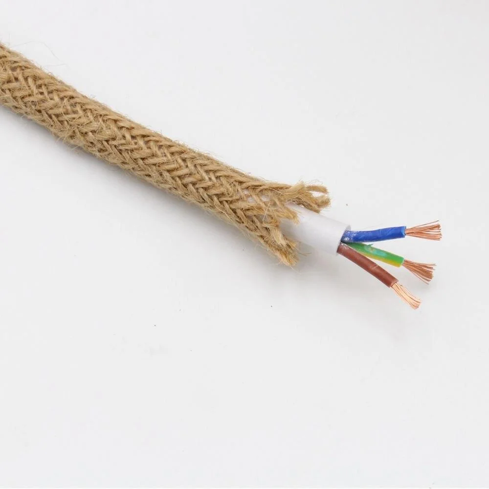 vintage style lighting cable with braided hemp fabric and PVC insulation, showing a 3‑core round cable section.