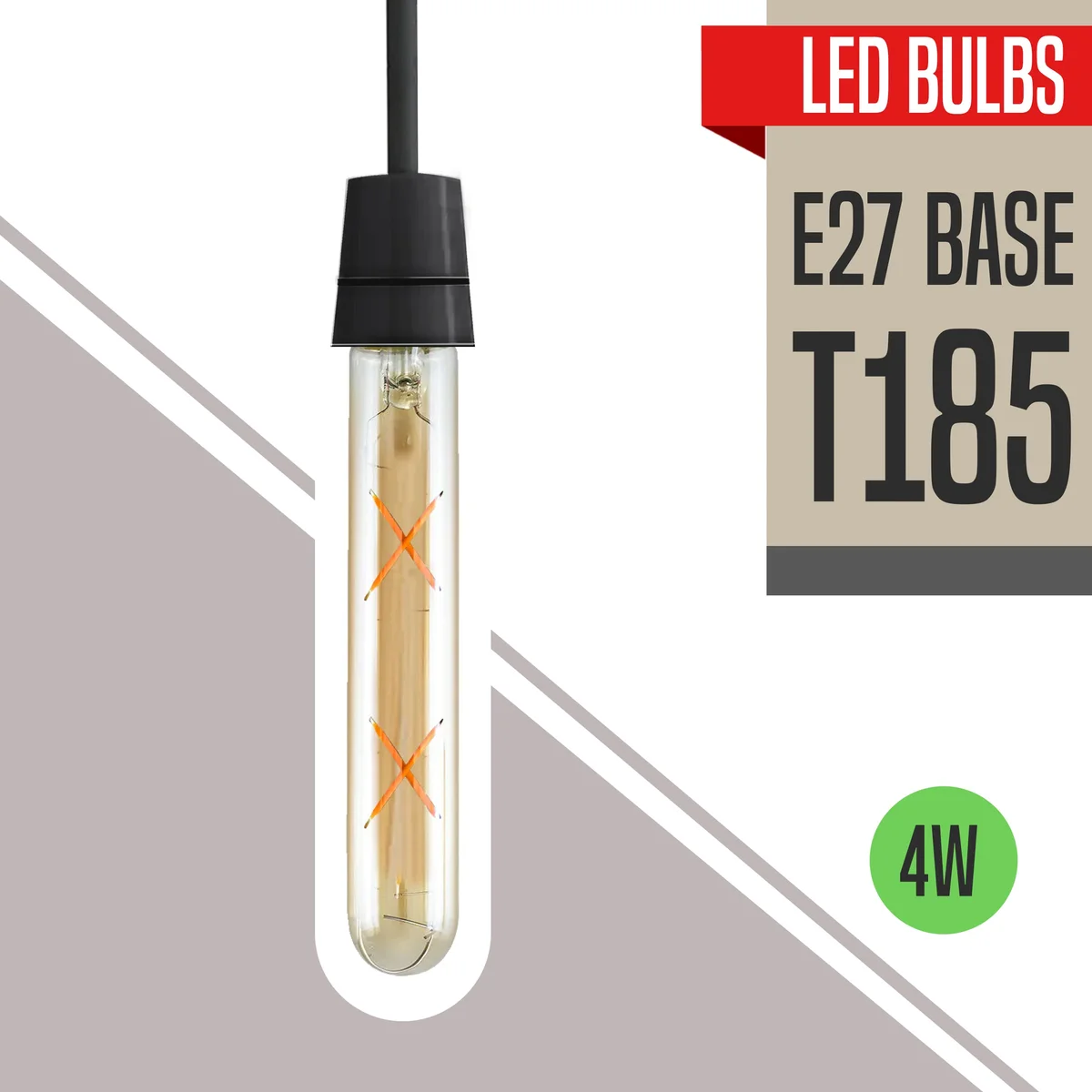 Close-up of a glass T185 vintage LED bulb with amber coating, metallic screw base, and tubular filament shape.
