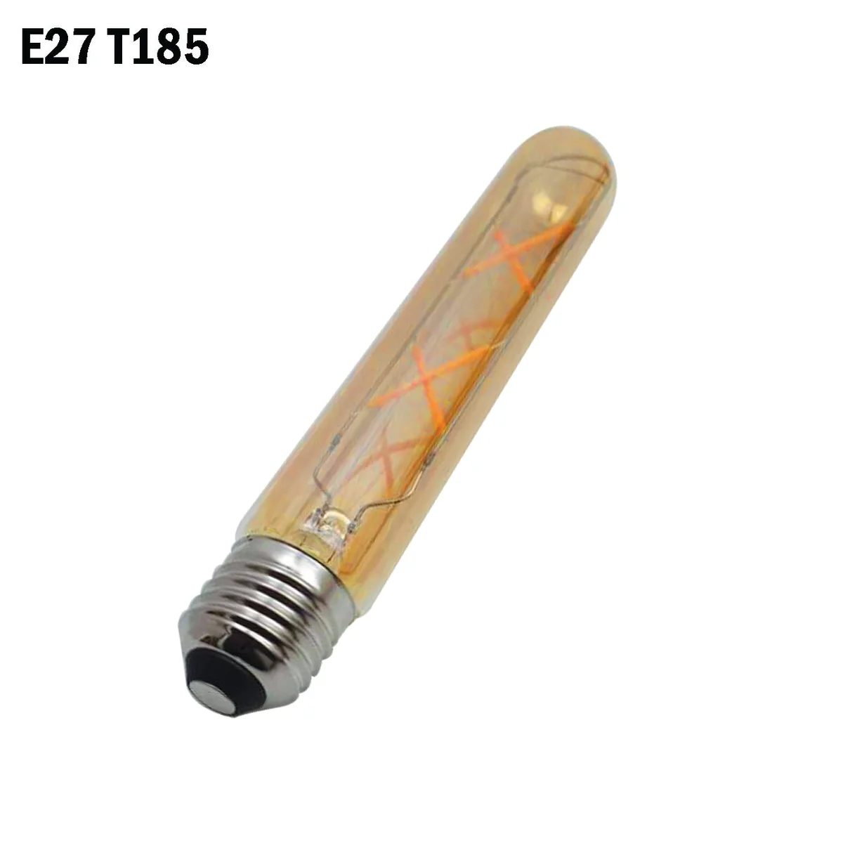 Amber-coated vintage T185 LED bulb with glass body and metal screw base – warm white LED for indoor lighting.
