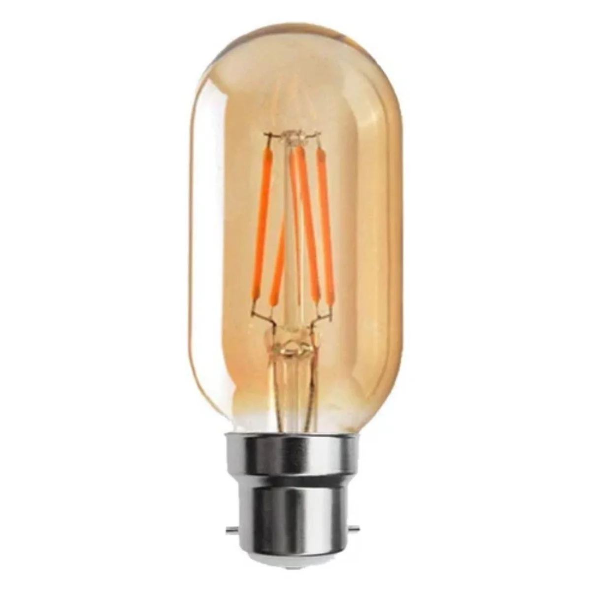 Vintage 4W B22 LED bulb with glass envelope, metal base, warm white light, sleek retro design.