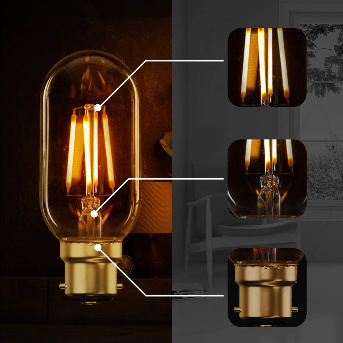 Vintage style dimmable LED bulb in B22 socket, 4W warm white, glass housing, 360° light spread.