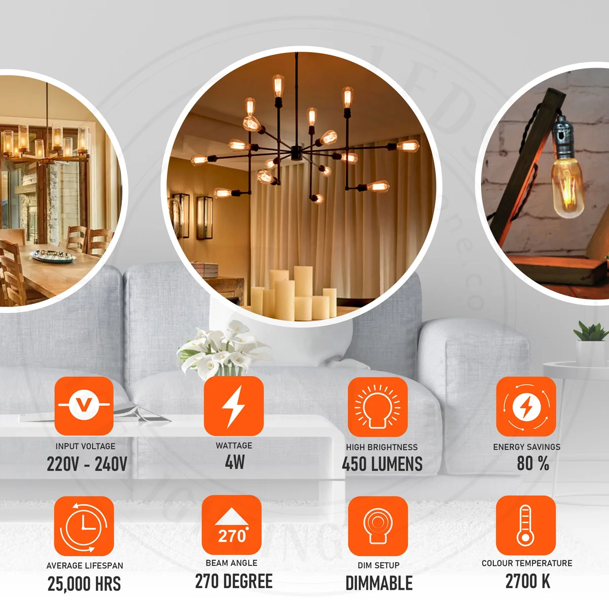 Vintage T45 B22 4W retro LED light bulb, glass enclosure, warm white glow, B22 base, COB LED chip.