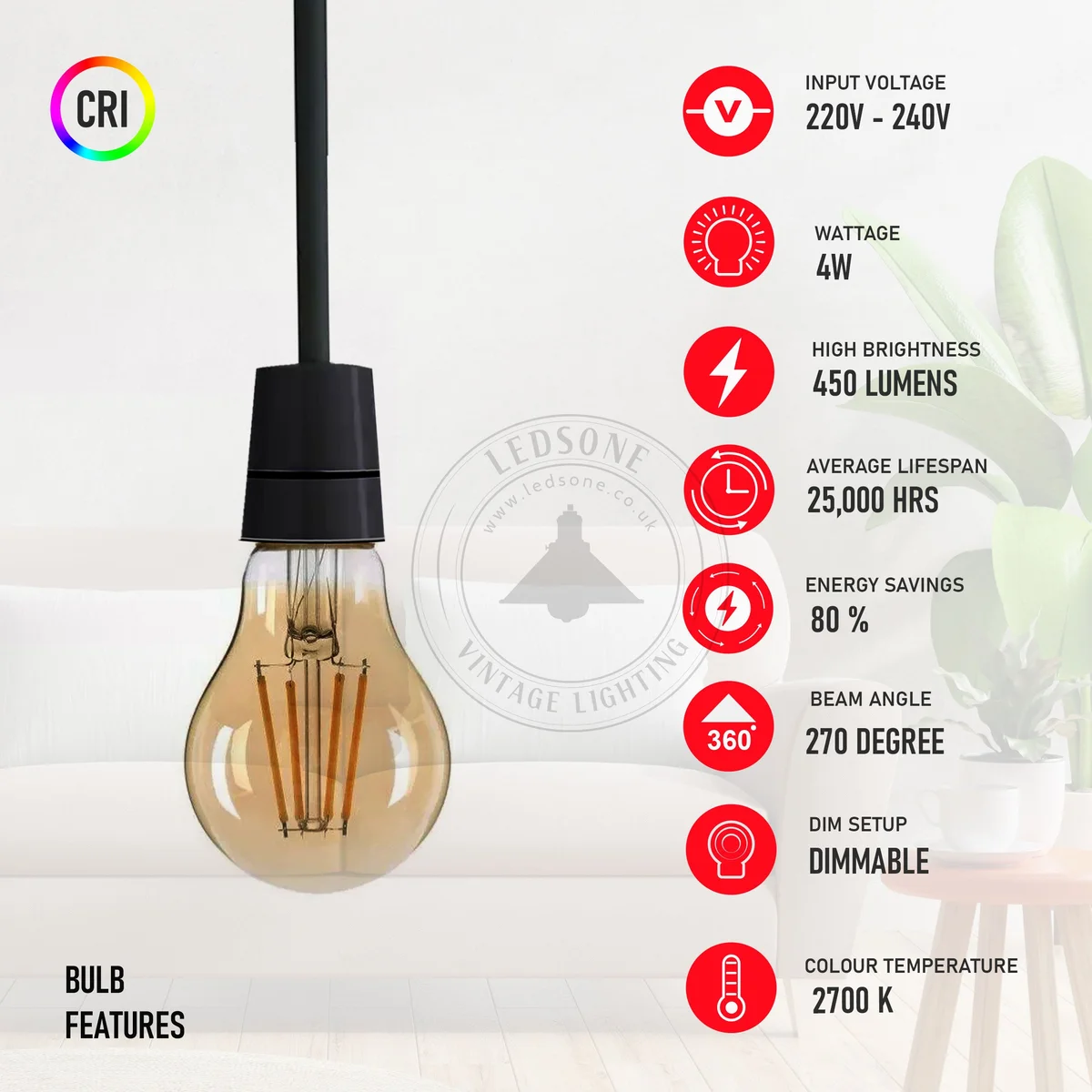4W dimmable LED light bulb with amber glass, B22 Edison-style base, vintage warm glow