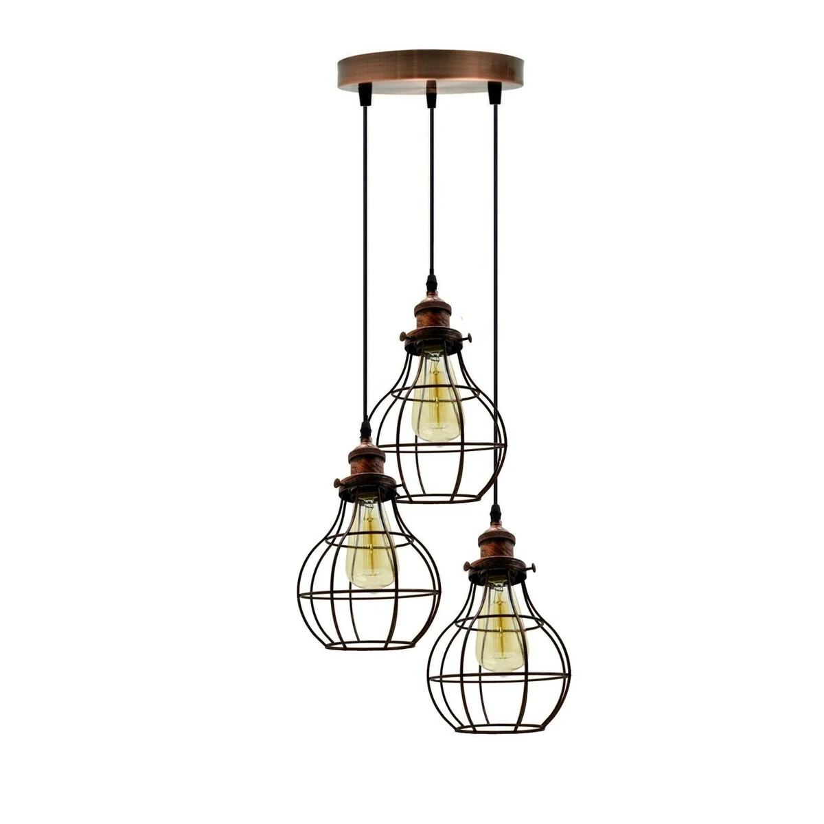 Black vintage industrial pendant light with metal cage and 3 LED holders, cable extending 90cm, suitable for homes and bars
