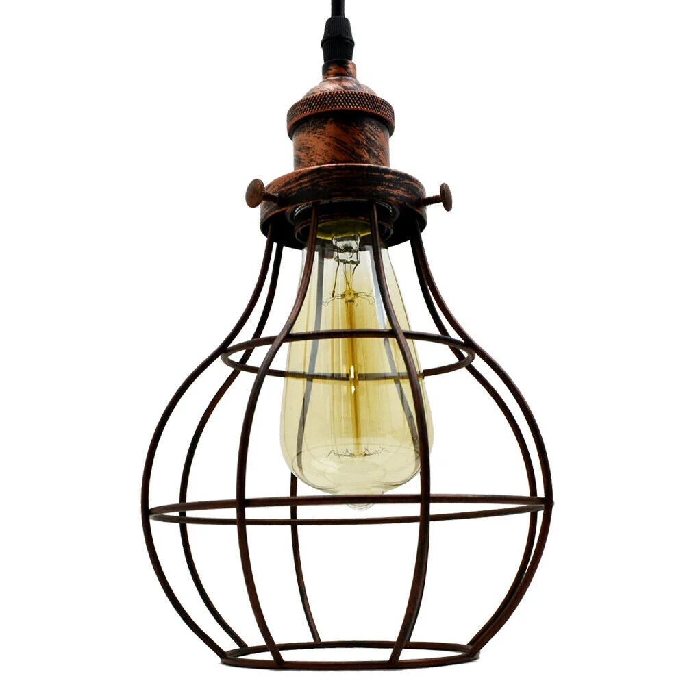 Vintage ceiling light with black metal cage, 3 LED holders, 90cm PVC cable, industrial style pendant lamp