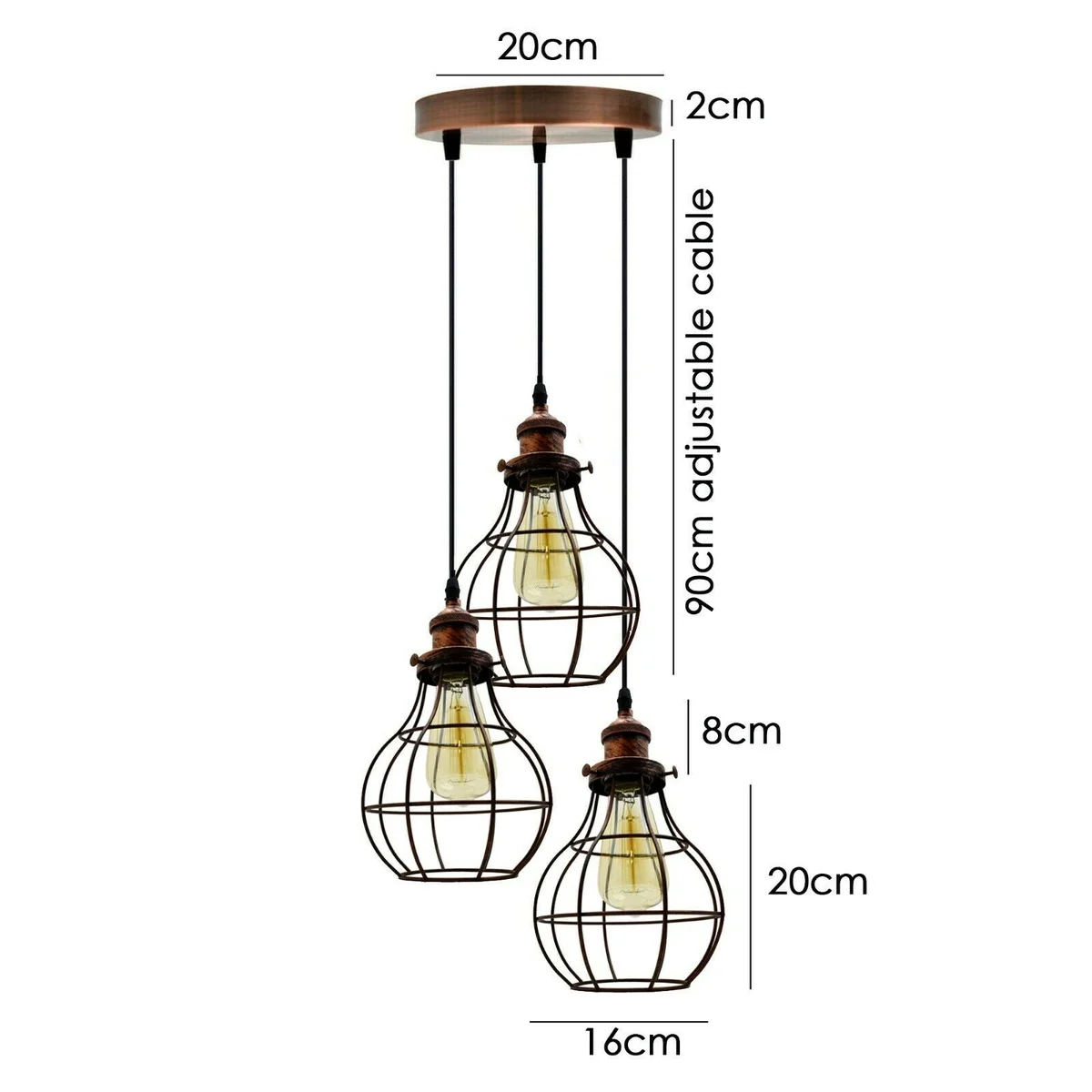 Black vintage metal cage pendant lamp with three LED holders, 90cm PVC wire, industrial style
