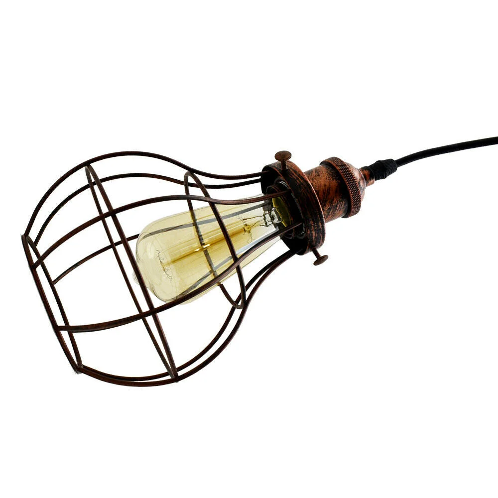 Black industrial pendant light with metal cage, three E27 holders, hanging from 90cm cable, elegant vintage style.