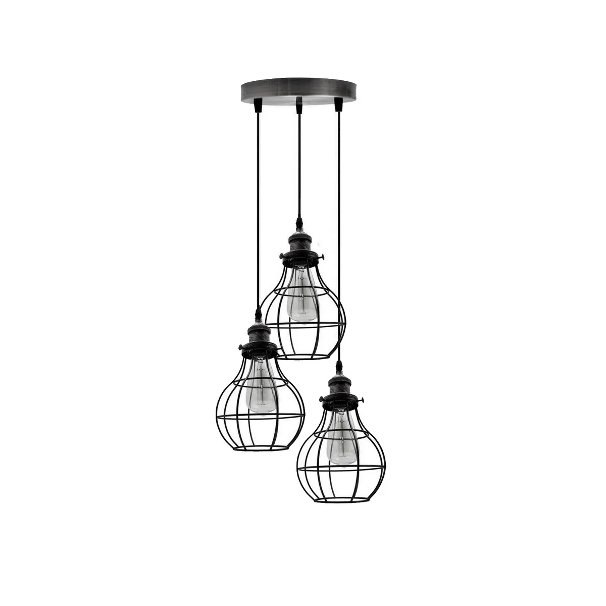 3 way pendant light with black industrial metal cage, hanging from ceiling, 90cm cable.