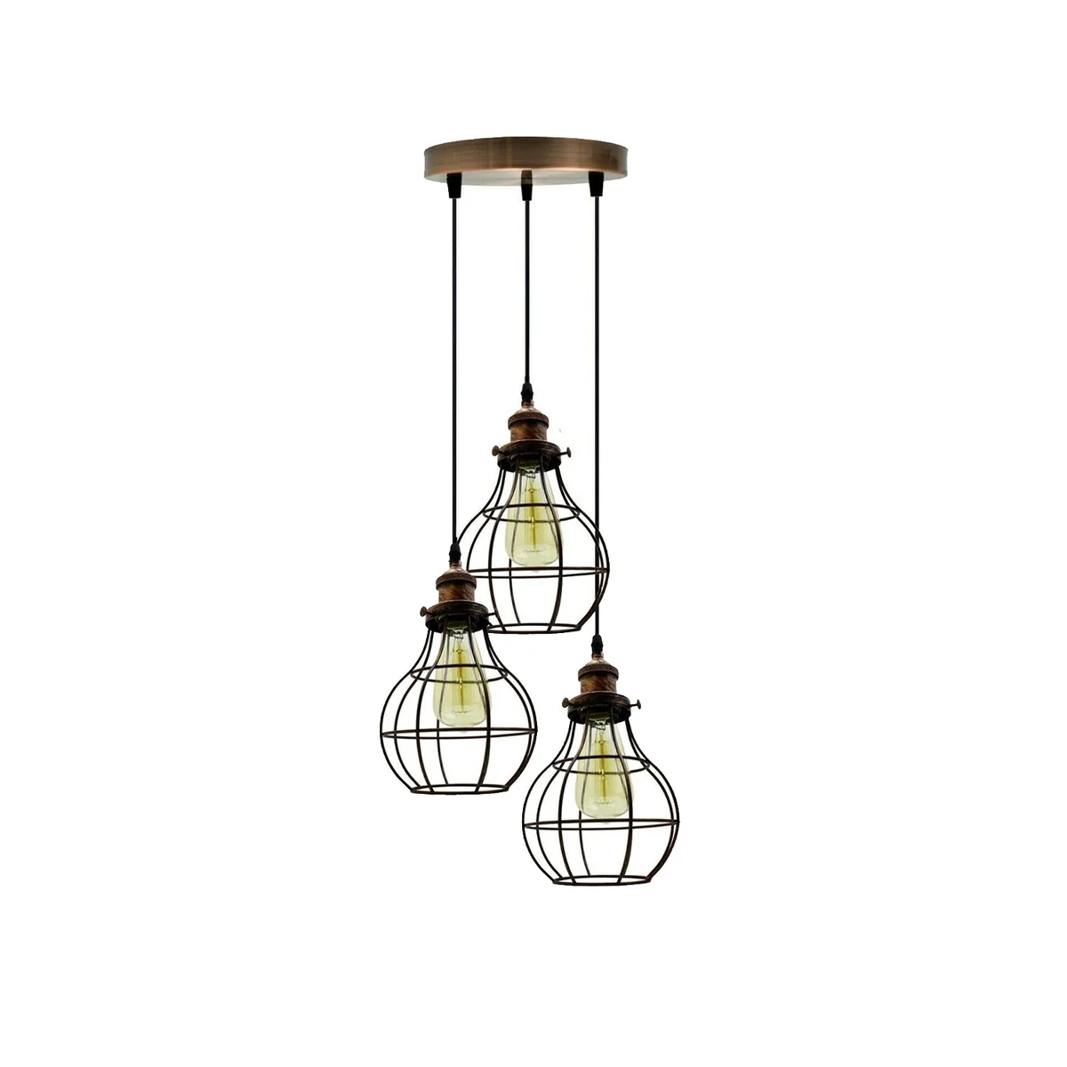 Industrial pendant light featuring a black metal cage, 3‑way LED bulb, vintage retro design hanging from ceiling.