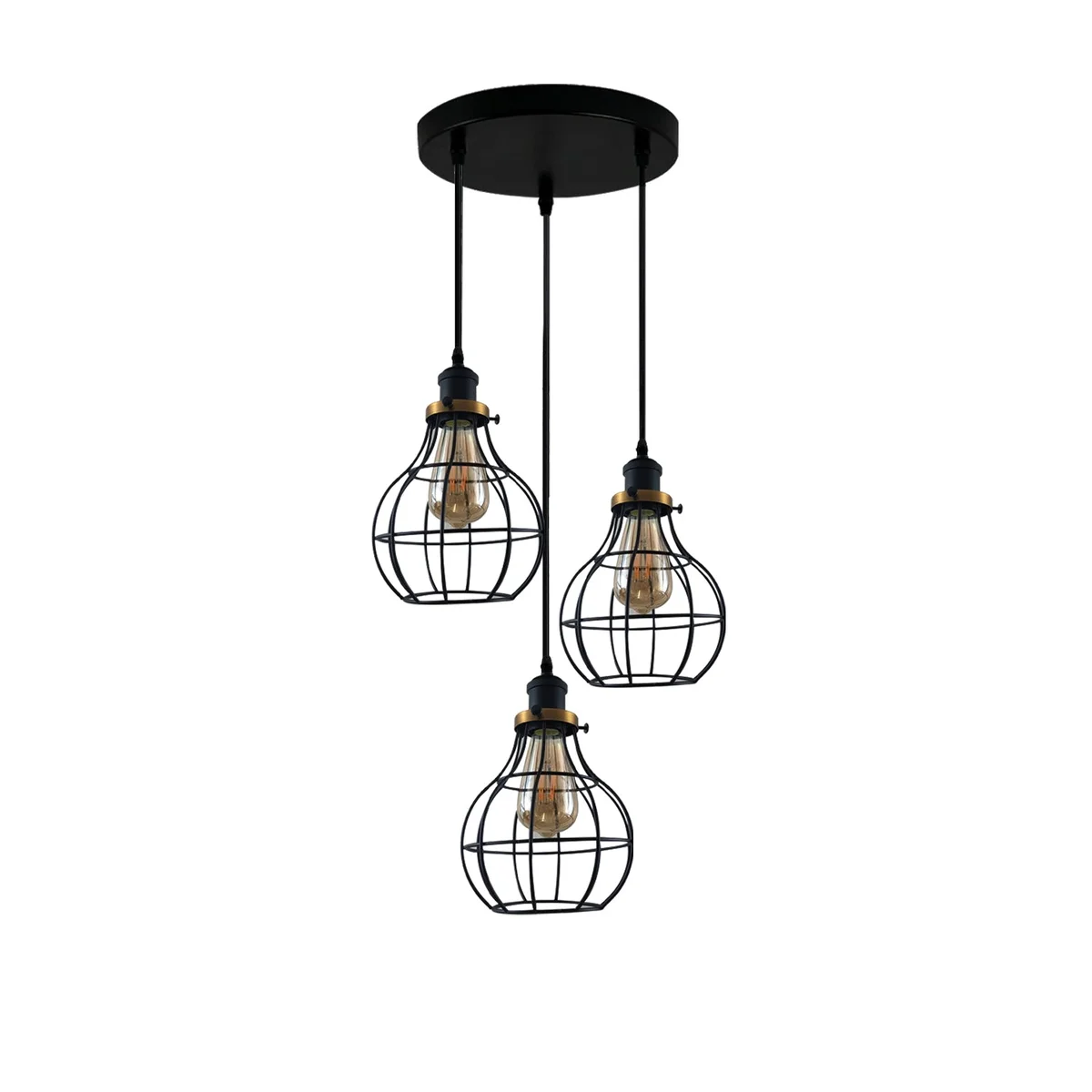 Black industrial pendant light featuring a metal cage shade with three LED holders, hanging from a 90cm cable.