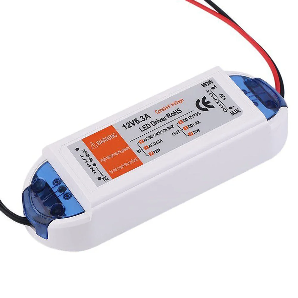 12V LED driver 72W transformer with black plastic housing, power cord, LED label, and screw terminals