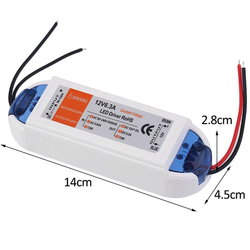 Compact 72W LED transformer in clear plastic housing, featuring AC input terminals and DC 12V output screw terminals.