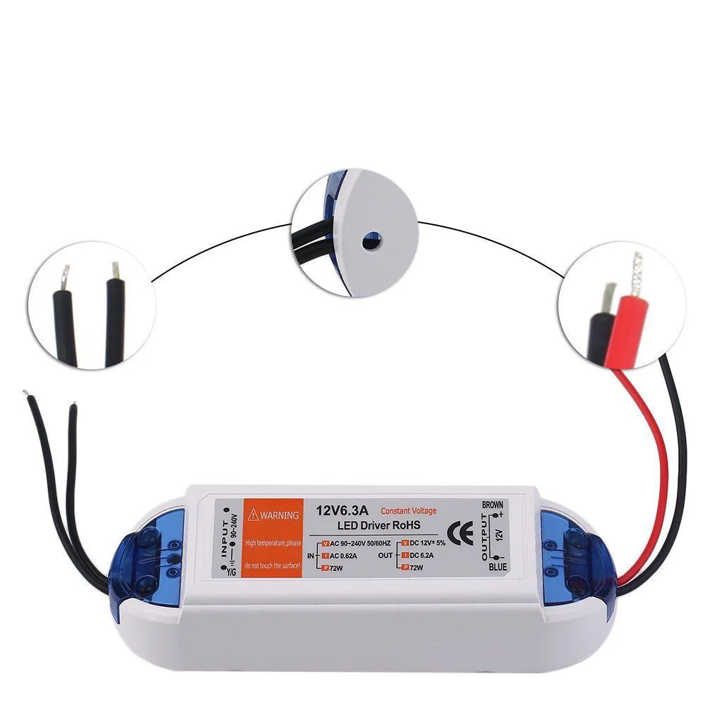 LED power supply unit with rectangular plastic housing, AC input plug on left, 12V DC output leads on right, labeled 72W 6.3A.