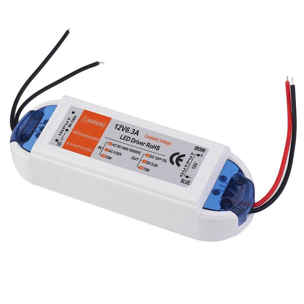Plastic LED driver with 6.3A 72W 12V constant voltage LED driver rating, labels, and connector ports.