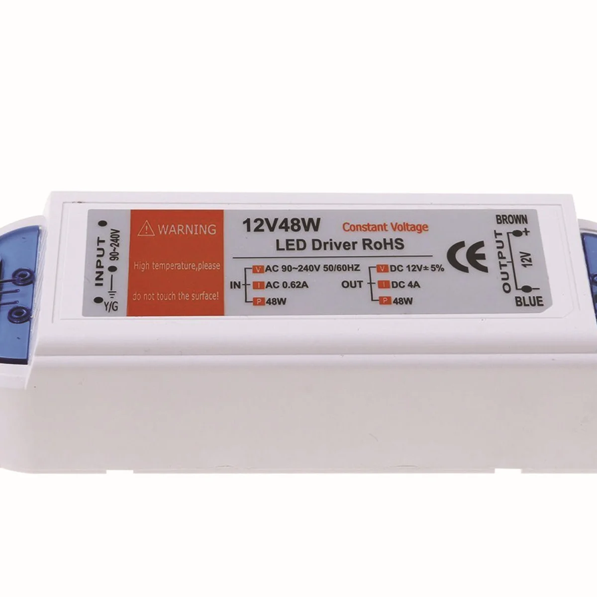 Plastic LED strip driver unit with LED label, input AC 90-240V, output 12V, CE, RoHS, 72W rating