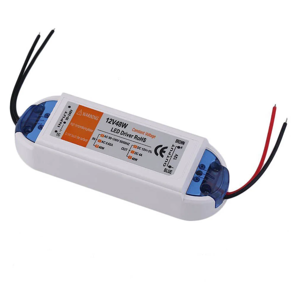 12V LED power supply with plastic casing, labeled 48W 4A, power cord and input voltage range AC 90‑240V